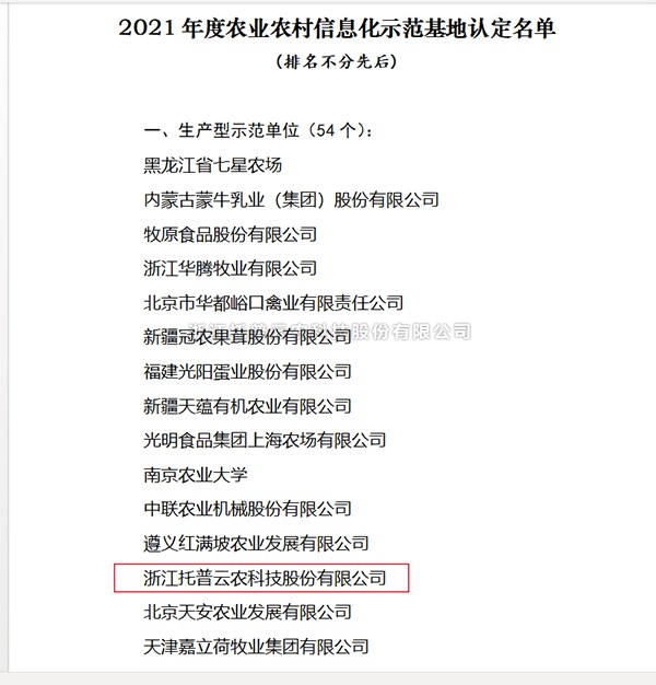 猫咪官网APP入選2021年度全國農業農村信息化示範基地
