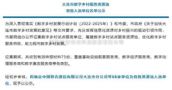 猫咪官网APP入選首批大連市數字鄉村服務資源池企業名單