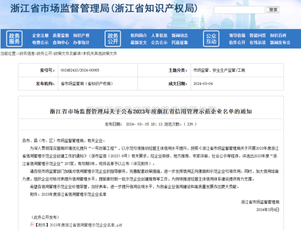 猫咪官网APP入選2023年度浙江省信用管理示範企業名單