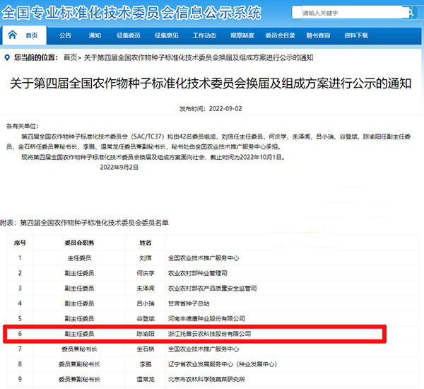 董事長陳渝陽入選全國農作物猫咪成人APP社区標準化技術委員會副主任委員